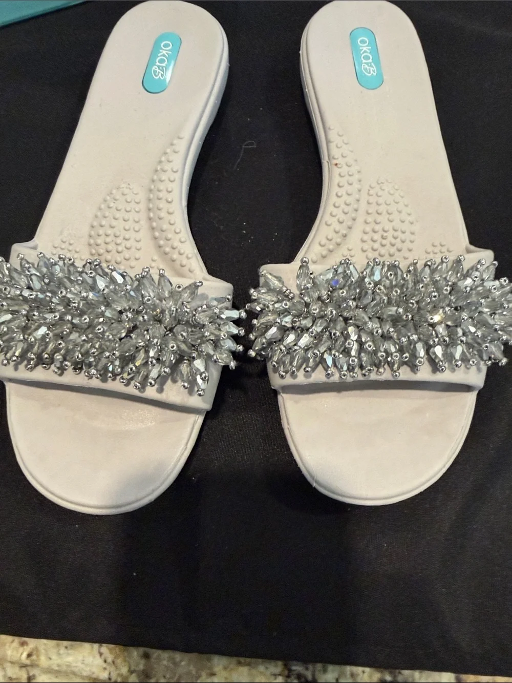 OKAb sandals  with acrylic “cubes” on the front